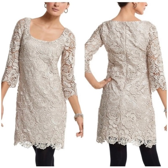 White House Black Market Sz 6 Champagne Beige Crochet Lace Sheath Formal Dress - Picture 1 of 8